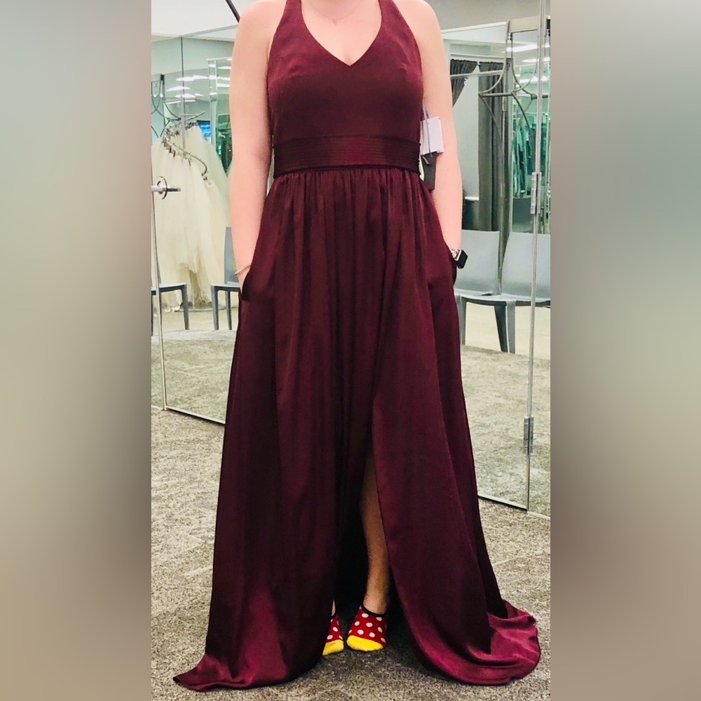 Maroon David’s bridal bridesmaid dress